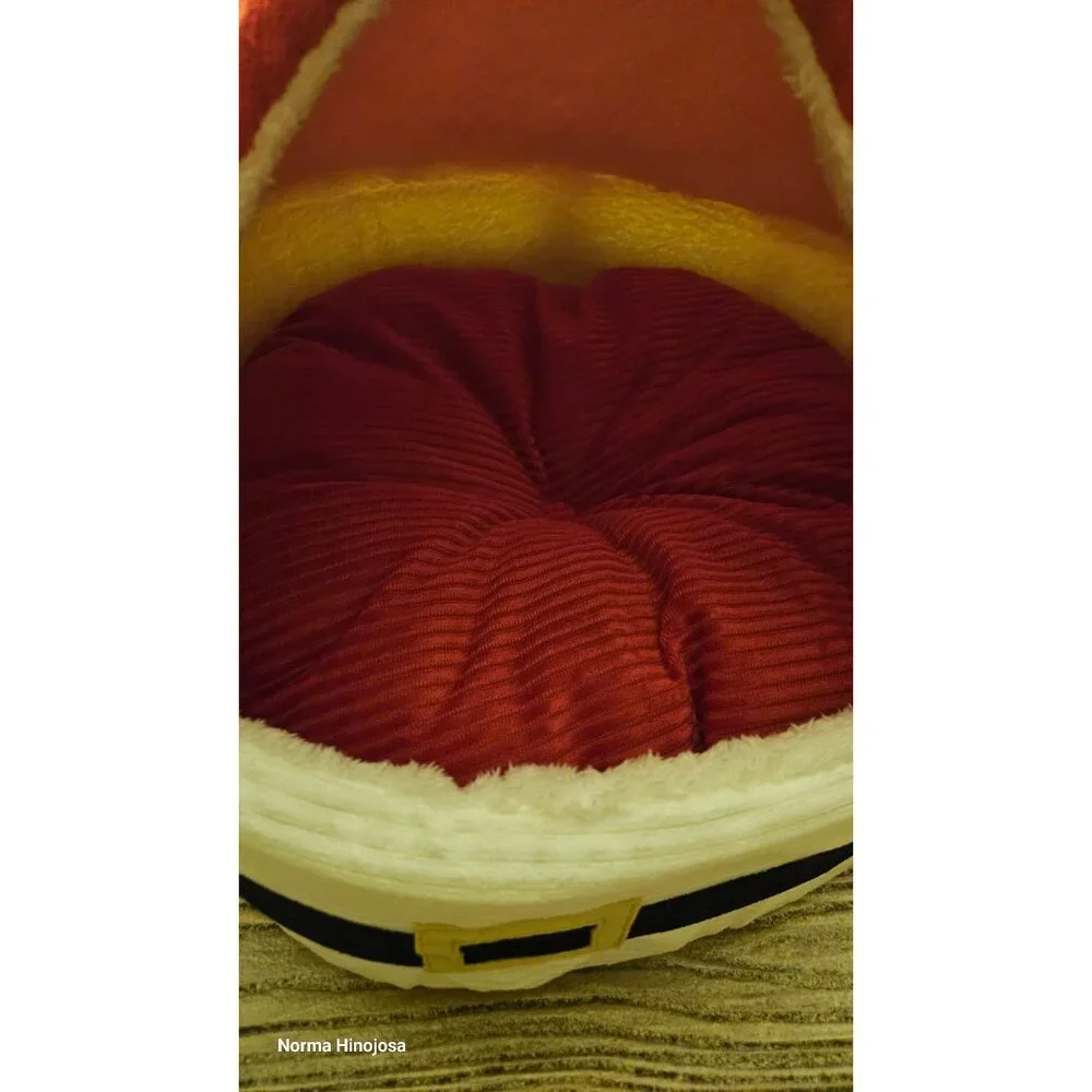Santa Hat-Themed Pet Bed With Cozy Cushion For Cats & Small Dogs Red & White Plu